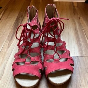 Red leather wedge sandals-Earth Origins